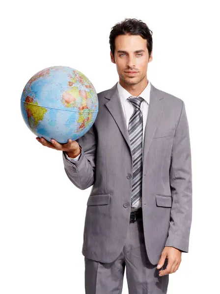 Портрет Деловой Человек Планета Земля Мир Корпоративных Путешествий Изолированы Белом Лицензионные Стоковые Фото