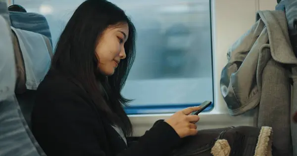 Japanese Woman Travel Train Cellphone Social Media Public Transportation Metro — Stock Photo, Image