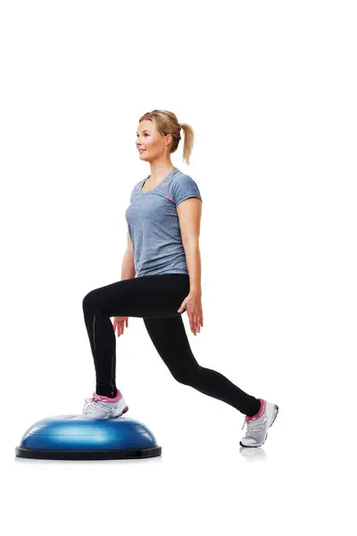 Training Half Ball Woman Doing Lunge Coordination Physical Exercise Legs — Stock Photo, Image