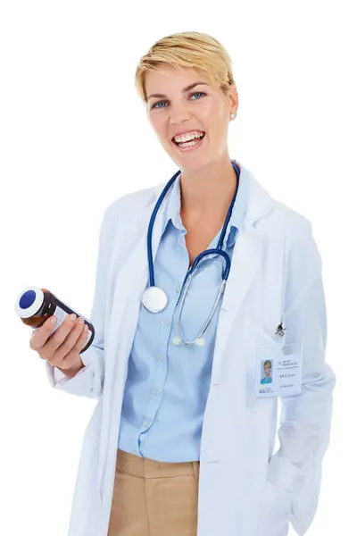 Mulher Médica Medicina Retrato Estúdio Para Cuidados Saúde Apoio Farmacêutico — Fotografia de Stock