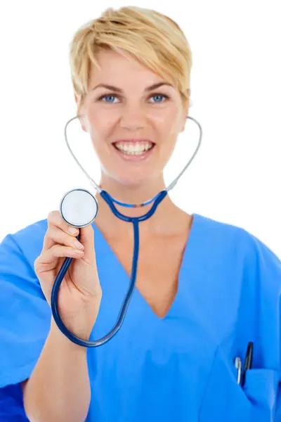 Médico Mulher Feliz Estetoscópio Retrato Estúdio Para Cardiologia Cuidados Saúde — Fotografia de Stock
