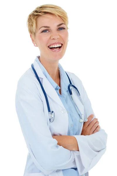 女人和胳膊交叉在肖像上为医疗保健 自信和高兴与医学专家的白色背景 心脏科专家 健康方面的自豪和专业 在工作室里微笑 — 图库照片