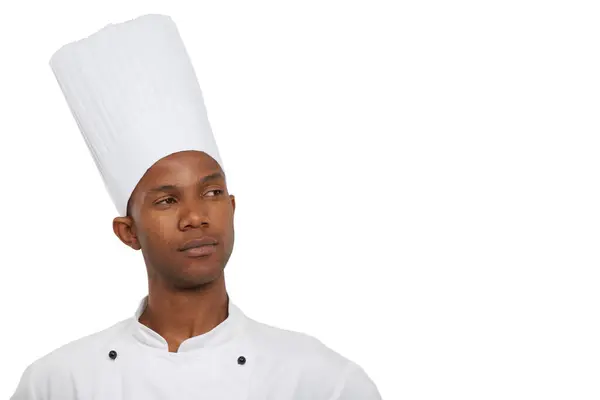 Hombre Chef Pensando Comida Chico Profesional Serio Fondo Blanco Estudio — Foto de Stock
