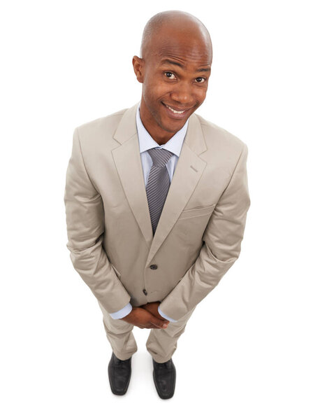 Black businessman, portrait and suit in studio with happy in finance career with confidence. African man, smile and face for pride as accountant, above and positive professional by white background.