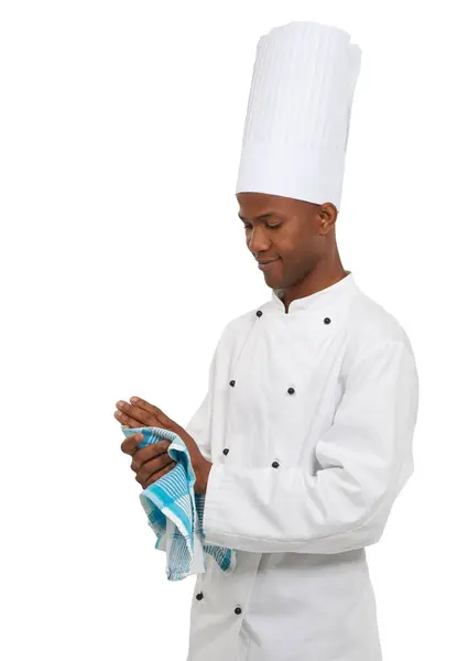 Chef Homem Limpe Mãos Com Toalha Estúdio Isolado Fundo Branco — Fotografia de Stock