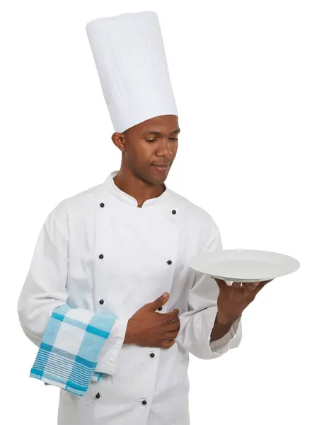 厨师和显示空盘子在工作室隔离在一个白色的背景模拟空间 在饮食服务 专业广告菜单和餐馆中介绍非洲人 烹调和菜肴 — 图库照片