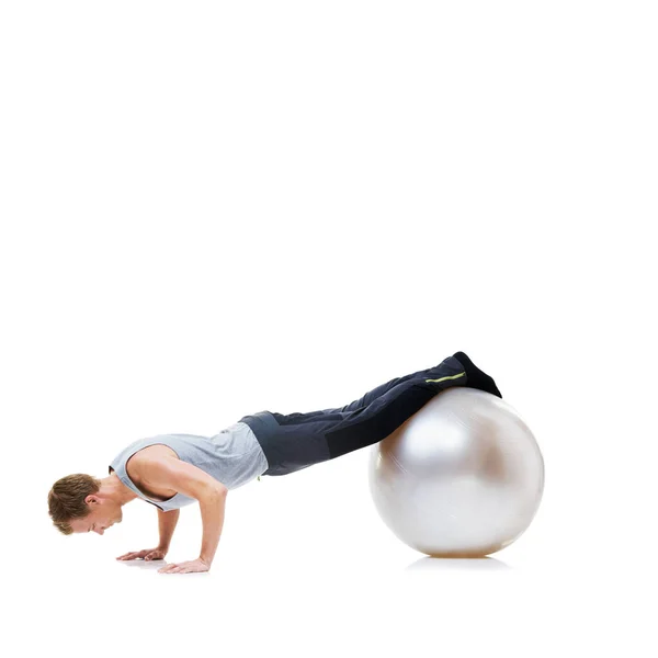 Homem Flexões Bola Exercício Para Fitness Treino Saúde Bem Estar — Fotografia de Stock