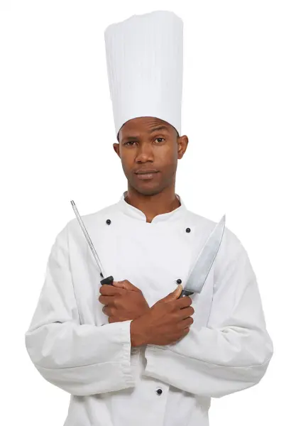 Black Man Chef Portrait Knife Sharpener Studio Isolated White Background — Stock Photo, Image