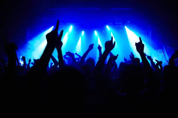 Ночной Клуб Вечеринка Аудитория Руками Огнями Музыки Концерта Рейва Фестиваль Лицензионные Стоковые Изображения