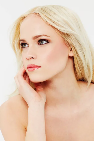 Maquillaje Cosmética Mujer Con Belleza Pensando Dermatología Cuidado Piel Fondo —  Fotos de Stock