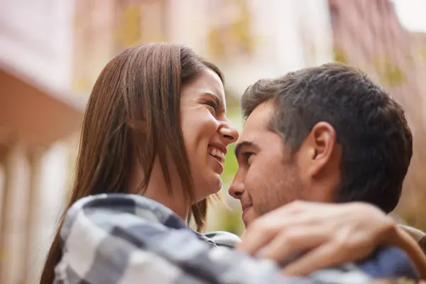 Love Hug Face Couple Laughing Together Having Fun Enjoy Outdoor — Stock Photo, Image