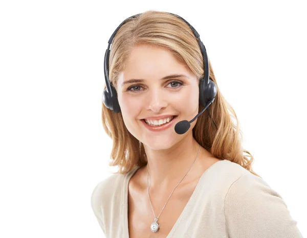 Woman Portrait Smile Studio Customer Service Crm Questions Help Call — Stock Photo, Image