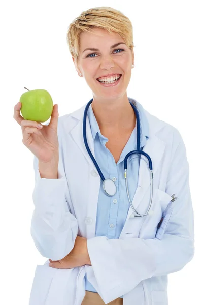 Läkare Lycklig Kvinna Eller Äpple Porträtt Med Leende Välbefinnande Eller — Stockfoto
