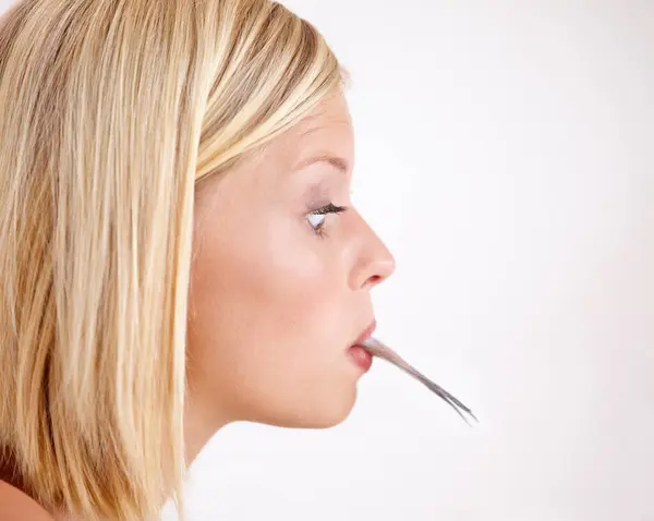 Woman Surprise Eating Fish Mouth Strange Food Tail Lips White — Stock Photo, Image