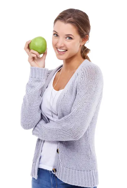 Mujer Retrato Manzana Para Nutrición Estudio Fibra Orgánica Fruta Para — Foto de Stock