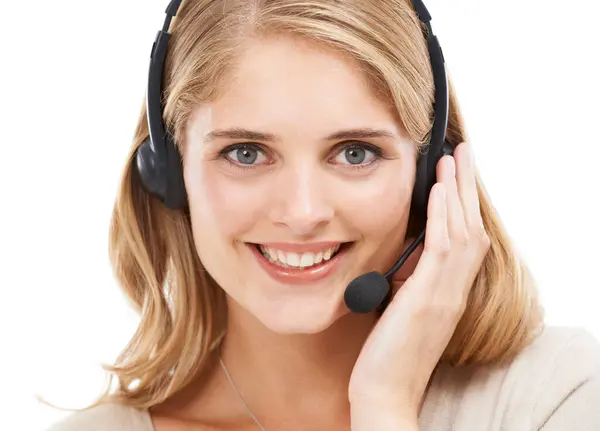 Woman Call Center Face Portrait Studio Customer Support Crm Questions — Stock Photo, Image