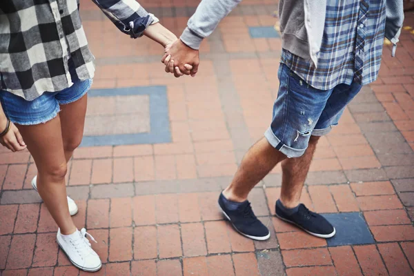 Legs Walking Couple Holding Hands Relax Journey Morning Trip Weekend — Stock Photo, Image