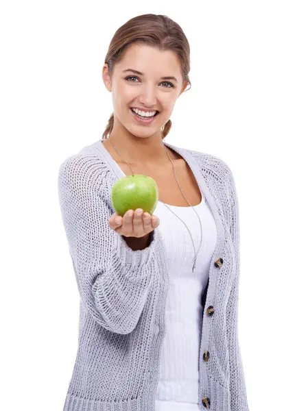 Vrouw Portret Appel Hand Voeding Gezondheid Met Snack Dieet Voor — Stockfoto