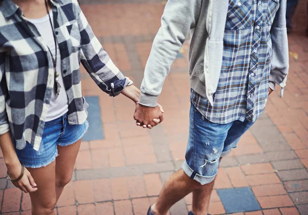 Love Walking Couple Holding Hands Relax Journey Morning Trip Weekend — Stock Photo, Image