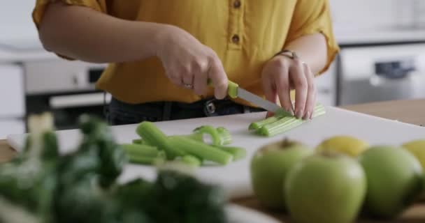 Mãos Corte Legumes Preparação Alimentos Cozinha Refeição Saudável Nutrição Casa — Vídeo de Stock