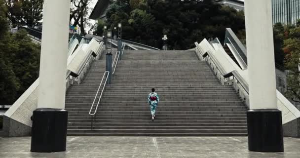 Traditional Shinto Woman Stairs Walk Torii Gate Temple Faith Spiritual — Stock Video