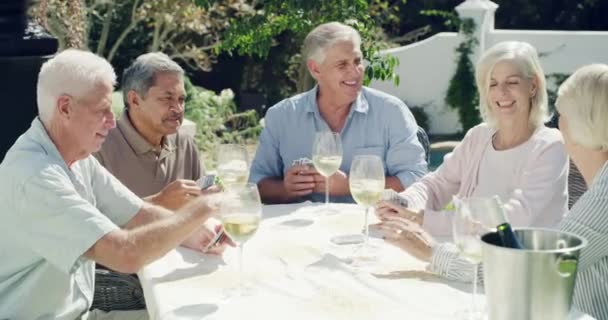 Senior Friends Playing Outdoor Cards Garden Backyard Table Wine Bonding — Stock Video