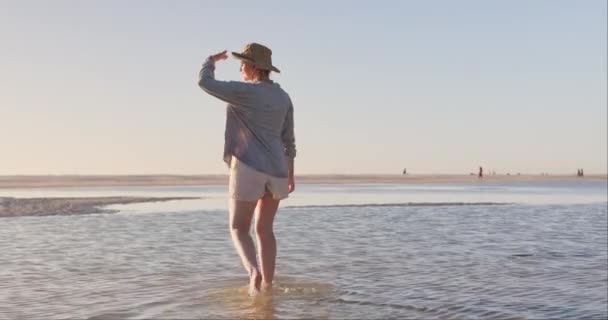 Kvinna Strand Och Tillbaka Med Promenader Vatten Och Tänkande Äventyr — Stockvideo