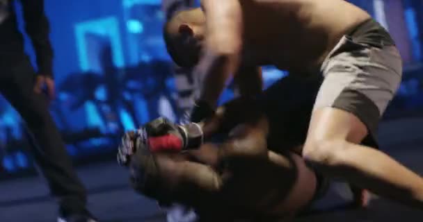 Hombres Boxeadores Luchando Jaula Competición Mma Batalla Boxeo Fuerte Ataque — Vídeos de Stock