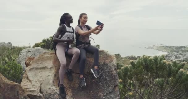 Trekking Příroda Skály Selfie Lidí Ranní Cestě Kardio Cvičení Nebo — Stock video