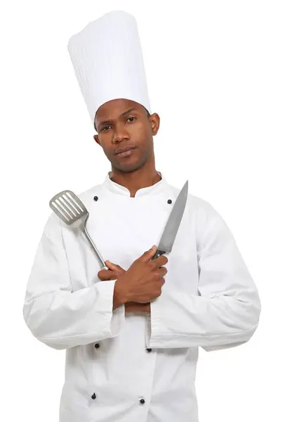 Man Chef Kok Portret Met Spatel Mes Studio Geïsoleerd Witte — Stockfoto