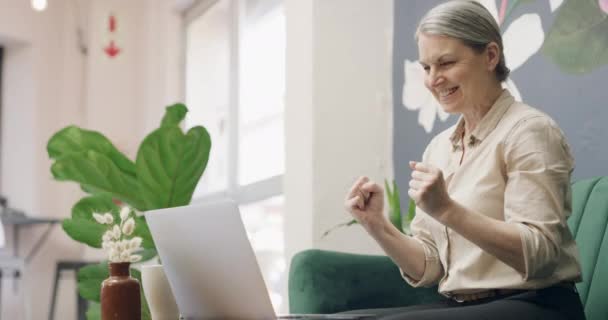 Vrouw Winnaar Feest Coffeeshop Met Laptop Voor Werk Afstand Nieuws — Stockvideo