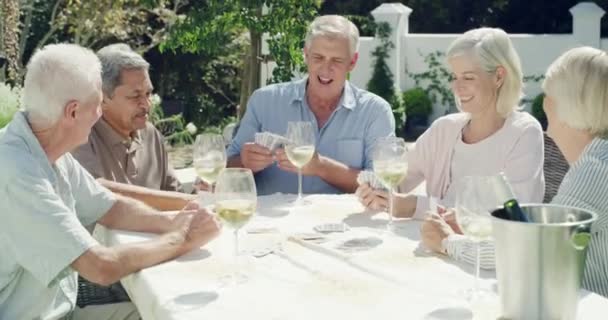 Old People Friends Play Cards Outdoor Drink Wine Backyard Garden — Stock Video