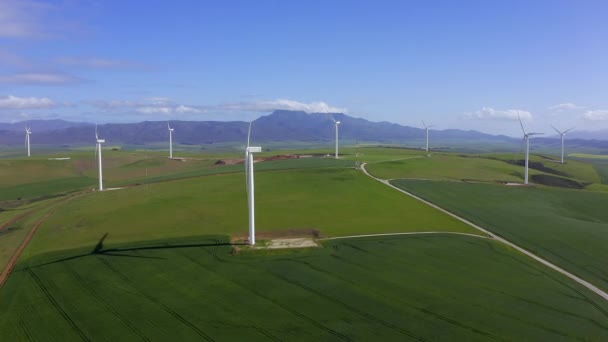 Pole Větrné Turbíny Elektrotechnika Dronem Venkovní Napájecí Zdroj Pro Životní — Stock video