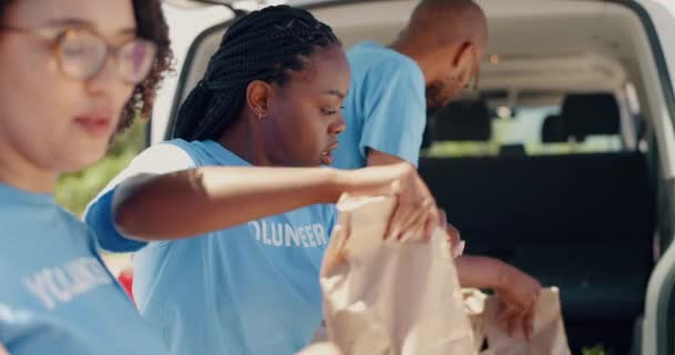 Voluntariado Trabajo Equipo Personas Con Paquete Alimentos Para Eventos Caridad — Vídeos de Stock