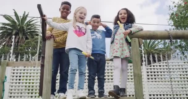 Gezicht Kinderen Grappige Vrienden Speeltuin Gezelligheid Gelukkig Buitenleven Portret Groep — Stockvideo