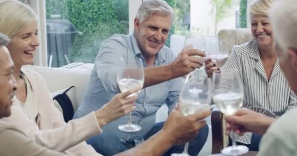 Group Mature Friends Cheers Wine Living Room Bonding Together Playing — Stock Video