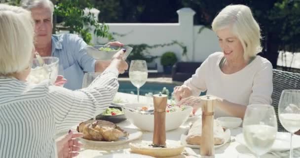 Mănâncă Prânz Prieteni Seniori Vorbește Masă Petrecere Sărbătoare Grădina Aer — Videoclip de stoc