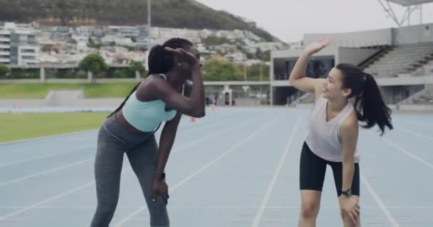 Happy Woman Friends High Five Race Break Fitness Success Together — Vídeo de Stock