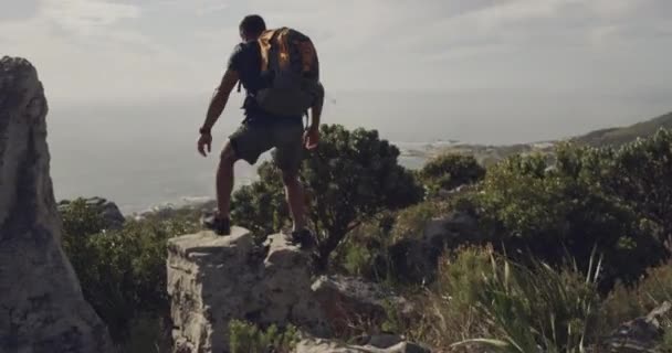 マウンテンクライミング 男は朝の旅 旅行先 または屋外ハイキングの達成を祝います トレッキング 自然の自由 成功に興奮する人の勝者 冒険と背中 — ストック動画