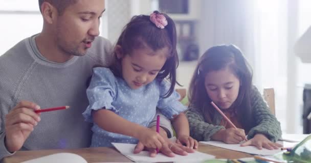 Home School Pai Filhos Desenho Mão Educação Ensinar Crianças Felizes — Vídeo de Stock