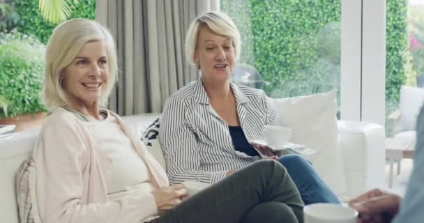 Lächeln Gespräche Und Ältere Freunde Auf Dem Sofa Entspannen Sich — Stockvideo