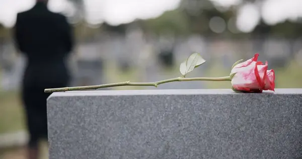 Funeral Cemitério Mãos Com Rosa Lápide Lembrança Cerimônia Serviço Comemorativo — Fotografia de Stock