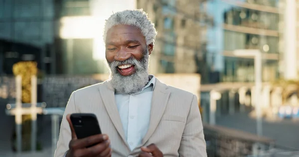 Outdoor, business and senior man with smartphone, celebration and winner with investment. Opportunity, African person and employee with cellphone, mobile user and lens flare with wow, omg and success.