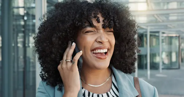 Happy black woman, phone call and business conversation in city for proposal or outdoor communication. Face of African female person, afro and smile talking on mobile smartphone in discussion outside.