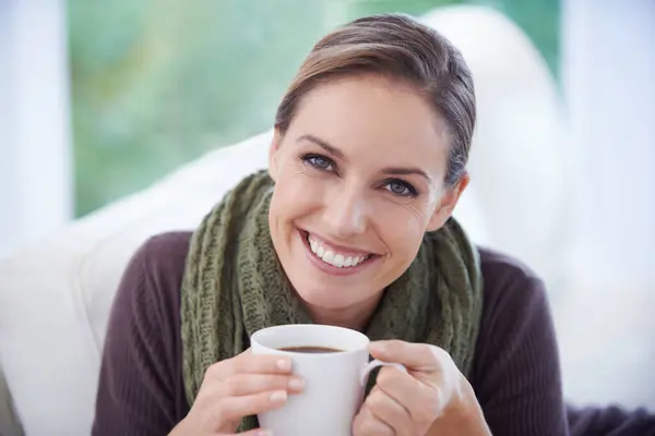 Coffee Relax Portrait Woman Home Calm Wellness Peace Sofa Living — Stock Photo, Image