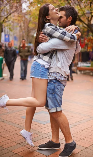 Couple Hug Outdoor City Laugh Excited Love Bonding Together Romantic — Stock Photo, Image