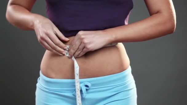 Cuerpo Cinta Métrica Estómago Con Salud Mujer Estudio Para Pérdida — Vídeo de stock