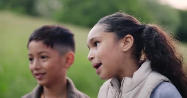 Çocuklar Kardeşler Yakınlaşmalar Doğa Yürüyüşü Yaparken Spor Yaparken Ormanda Gezerken — Stok video