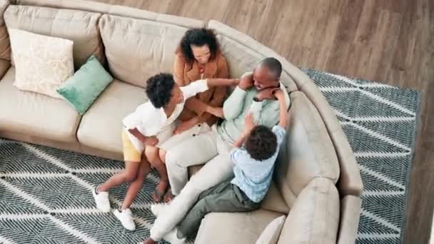 Happy Tickling Parents Children Sofa Having Fun Bonding Relaxing Together — Stock Video