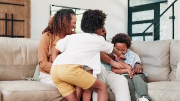Happy Tickling Parents Kids Sofa Having Fun Bonding Relaxing Together — Stock Video